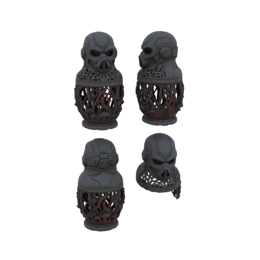 Renderização 3D de busto guerreiro sci-fi com máscara de gás e base de tentáculos orgânicos, em vários ângulos.