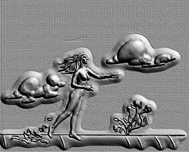 3D bas-relief model with a running woman, clouds, and flowers, rendered in gray.