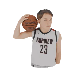 Modello 3D di un giovane giocatore di pallacanestro con maglia bianca Fairview numero 23, che tiene una palla Spalding.