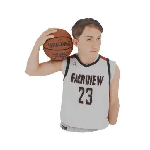 3D model of a young male basketball player in a white Fairview jersey with number 23, holding a Spalding basketball.