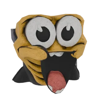 A 3D render of a goofy cartoon monster with large white eyes, a yellow face, and a wide-open mouth with a pink tongue.