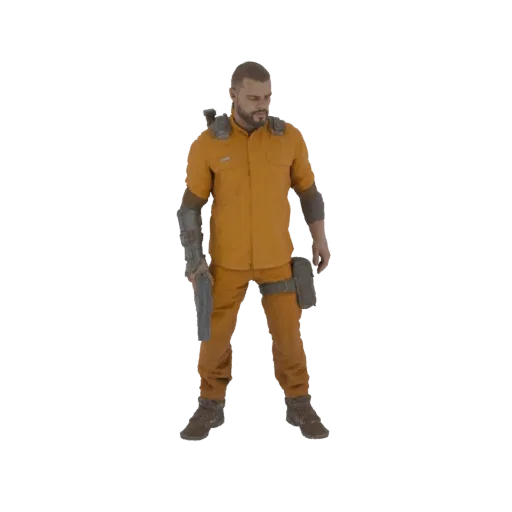 3D model of a male prisoner in an orange jumpsuit holding a weapon, against a white background.
