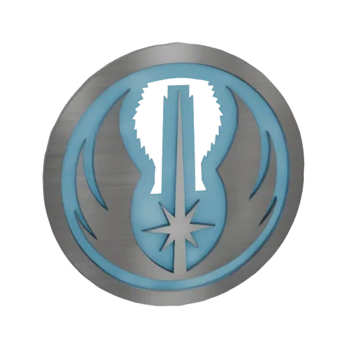 3D model of the Jedi Order emblem, featuring a stylized lightsaber within a circular frame, rendered with brushed metal and g