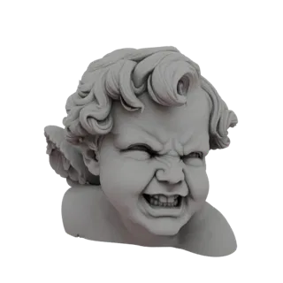 A 3D render of a gray cherub bust with a very grumpy, scowling expression and curly hair.
