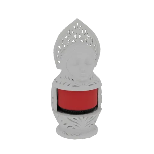 3D model of a white, stylized Slavic woman wearing a traditional headdress, holding a red candle holder.
