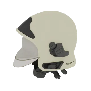 Modelo 3D de um capacete de bombeiro moderno com carcaça creme, viseira transparente e proteção auditiva cinza escuro, visto