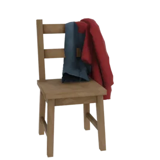 Modèle 3D d'une chaise en bois brun clair avec une veste rouge et une chemise bleue jetées sur le dossier, sur fond blanc.