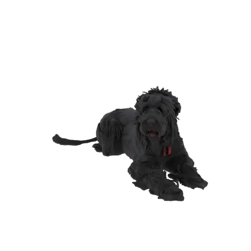 A 3D model of a black dog lying down, looking towards the viewer, with a red collar around its neck.