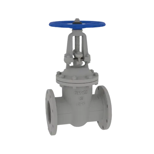 3D model of a grey industrial flanged gate valve with a bright blue handwheel, shown against a white background.
