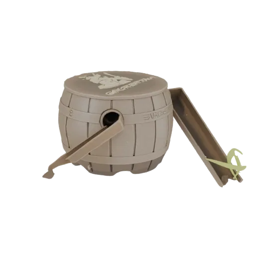 3D model of a beige barrel game with tongs and a ramp, featuring embossed details on the barrel.
