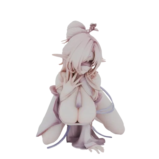 3D model of an elegant elf maiden with a blindfold, wearing flowing robes, in a seated pose, with delicate details and a soft