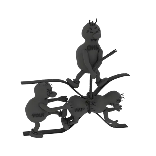 3D model of three cartoon figures in a tense standoff, one standing with a stick, two below in a struggle.