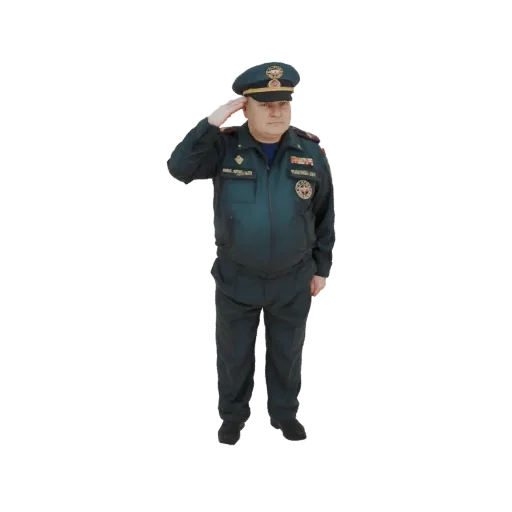 3D model of a male officer in a dark uniform and cap, saluting with his right hand raised to his forehead.
