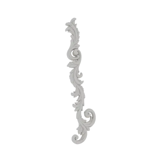 3D model of a white Baroque acanthus scroll ornament with intricate leaf and scroll details against a white background.