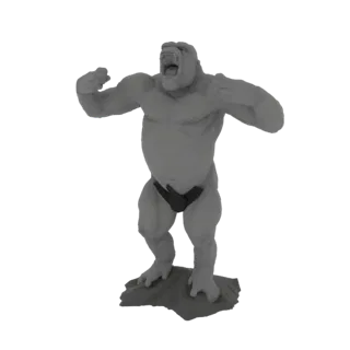 Modelo 3D de um guerreiro gorila musculoso rugindo com os punhos cerrados, em pé sobre uma base texturizada.