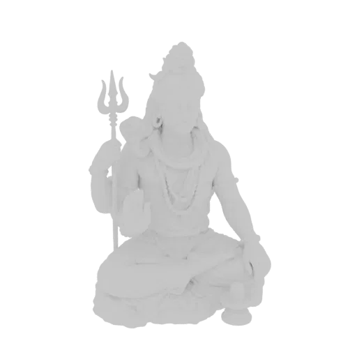 3D model of Lord Shiva meditating, seated with a trident, rendered in a neutral white material.