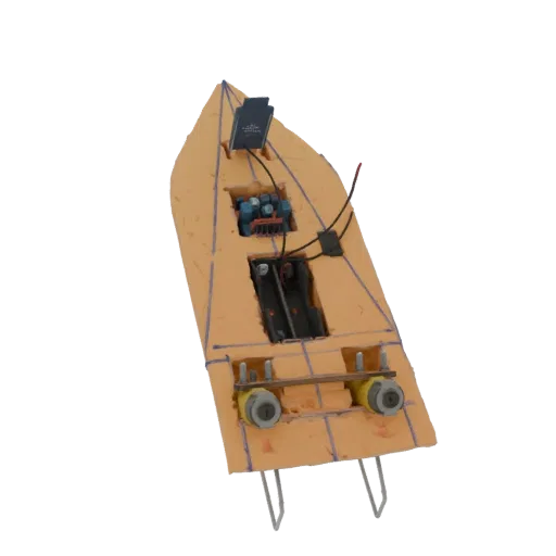 3D model of a DIY foam boat with visible motors, battery pack, and wiring, rendered against a white background.
