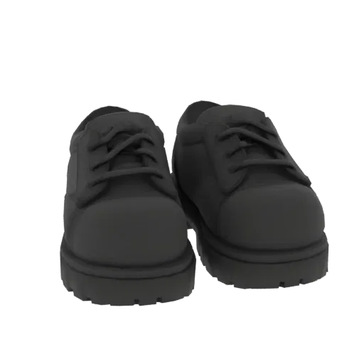 A 3D render of a pair of classic black lace-up Oxford shoes against a black background.