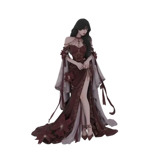 3D model of a fantasy enchantress in a flowing crimson gown with floral accents and sheer sleeves, posed elegantly.
