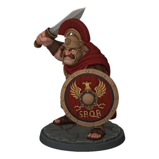 3D model render of a Roman Centurion in full armor, holding a sword and a shield with the SPQR eagle emblem, standing on a st