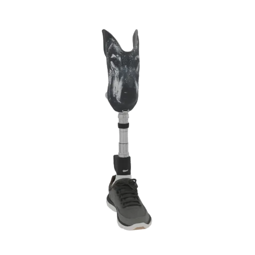 Modello 3D di una protesi di gamba con una grafica dettagliata del volto di lupo sull'invaso, un pilone metallico e una scarp