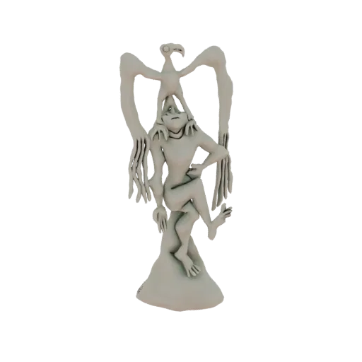 3D model of a surreal sculpture featuring a human-like figure with a bird-like creature perched on its head and shoulders.