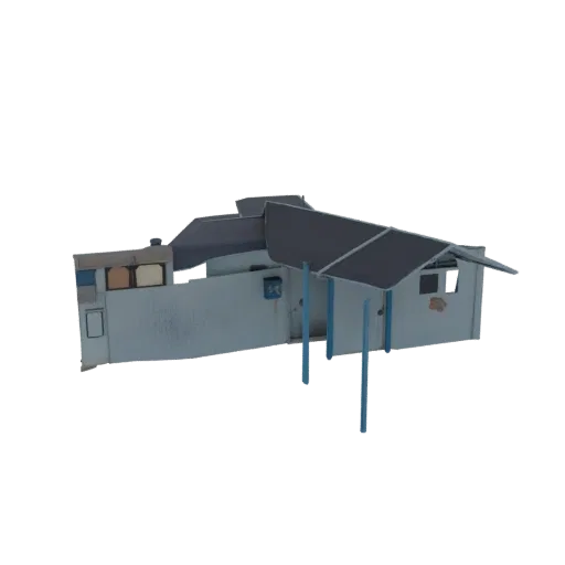 3D model of a modular post-apocalyptic shack with weathered metal siding and a dark, multi-pitched roof, set against a black