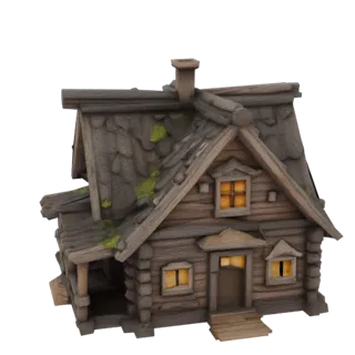 3D model of a rustic Slavic log house with a gabled roof, wooden shingles, moss, and warm light from the windows.