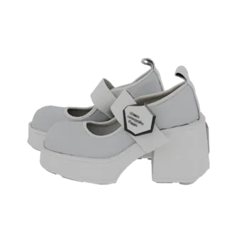 Modèle 3D d'escarpins Mary Jane gris clair à plateforme avec un nœud blanc sur la bride, vu de côté.