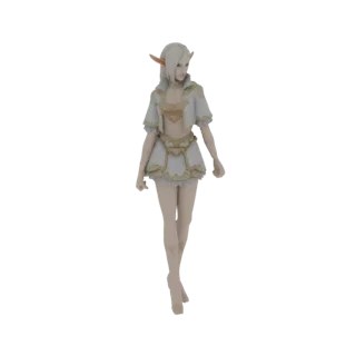 Modelo 3D de una elegante hechicera elfa con atuendo blanco y dorado, de pie con gracia y orejas puntiagudas.