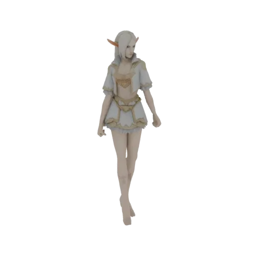 Modello 3D di un'elegante maga elfica con abiti bianchi e oro, in posa aggraziata con orecchie a punta.