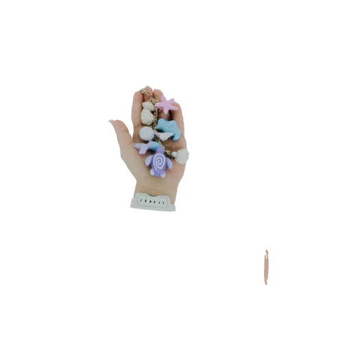 3D model of a human hand holding a collection of colorful ocean-themed charms including a turtle, starfish, and shells.