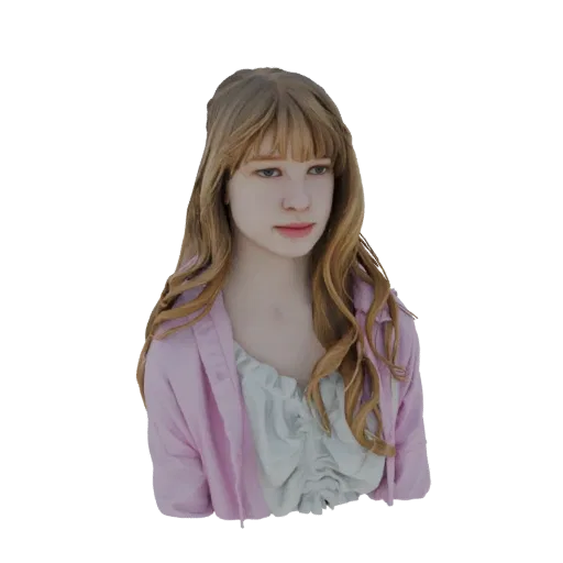 3D model render of a young woman's bust with blonde hair, wearing a pink shirt and blue top.