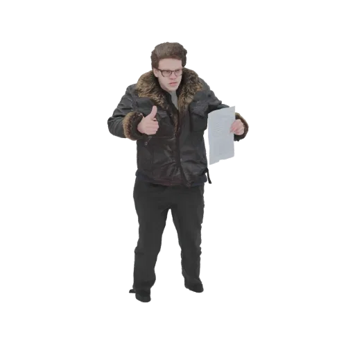 Modèle 3D d'un homme en blouson bomber marron et lunettes, faisant un geste du pouce levé et tenant un morceau de papier.