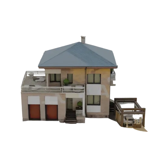 3D model of a modern house with a brick facade, blue roof, attached garage, and a wooden pergola.