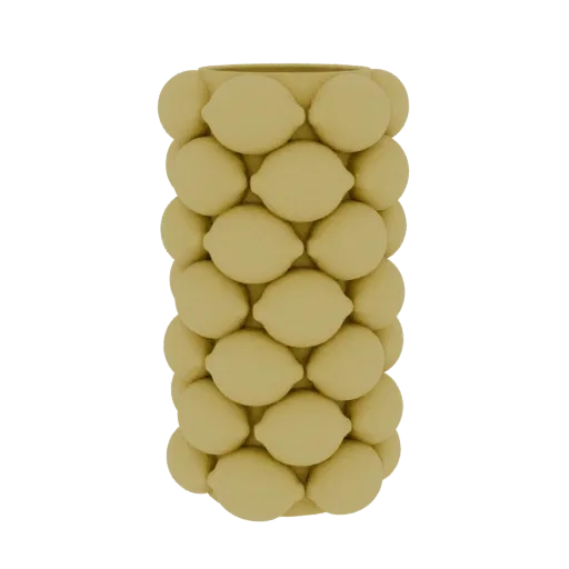 A 3D render of a cylindrical vase covered in a repeating pattern of yellow, stylized lemons.