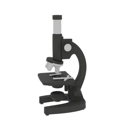 Modelo 3D de Microscópio Químico, vista de perfil lateral, renderização de viewport técnica, mostrando vidro, formas de labor
