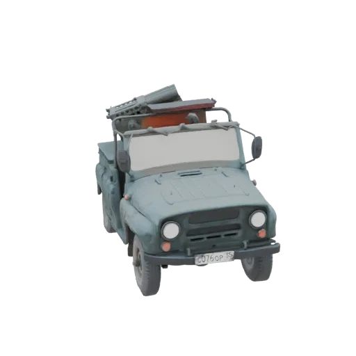Modello 3D di un veicolo UAZ-469 con un lanciarazzi montato, mostrato da una vista frontale a tre quarti.