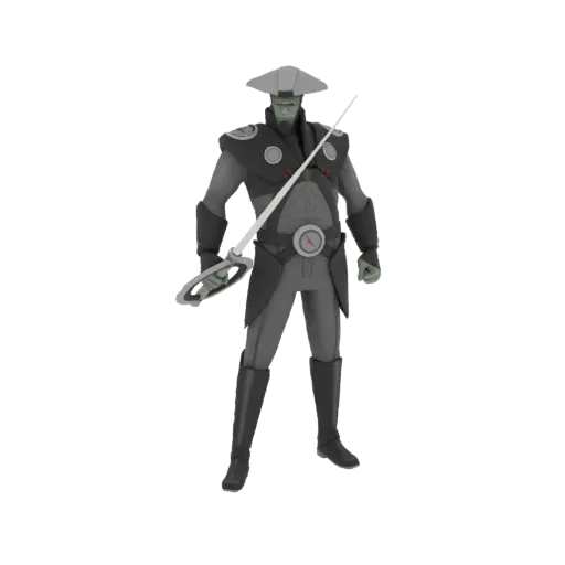 3D model of a Star Wars Inquisitor character in a dark grey uniform, holding a lightsaber and wearing a conical helmet.