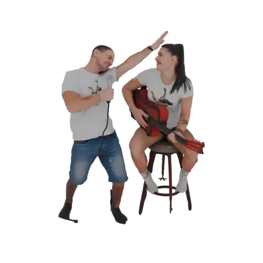 3D model of a male singer holding a microphone and a female guitarist playing a red guitar, both in dynamic performance poses