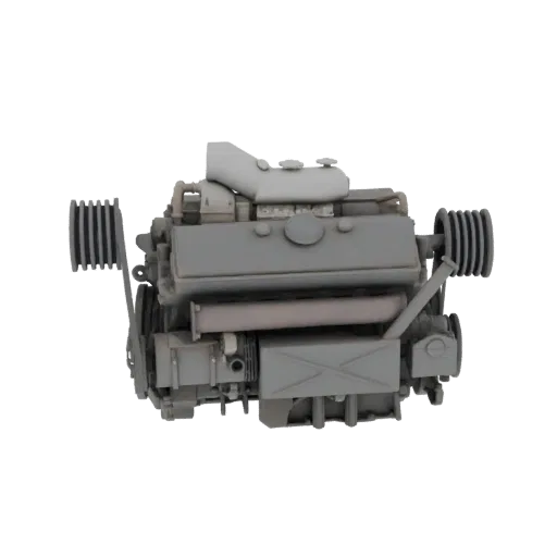 3D model of a V-twin engine with prominent cooling fins, intake, and exhaust components, rendered in a neutral gray.