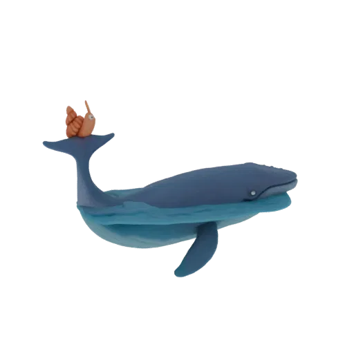 3D render of a blue clay whale with a small snail on its tail, swimming in stylized blue water.