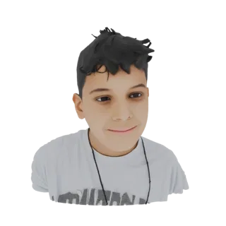 A 3D render of a stylized young boy wearing a white t-shirt, smiling warmly, with dark, spiky hair.
