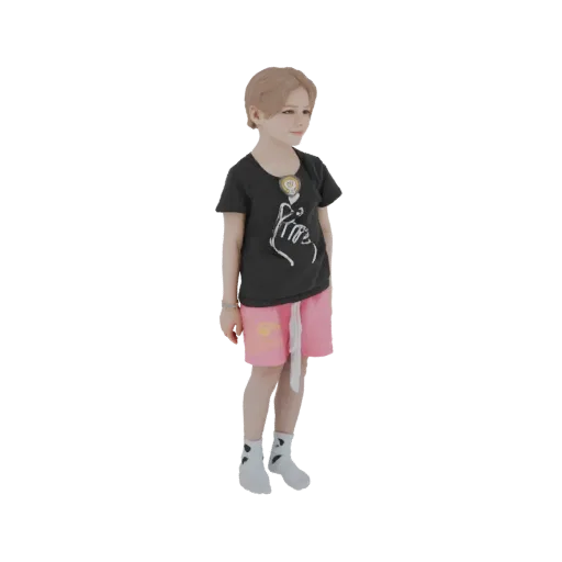 3D model of a young boy with light brown hair, wearing a black t-shirt with a heart hand graphic and pink shorts.