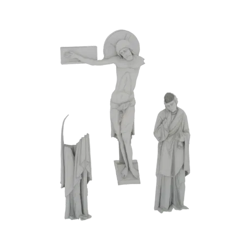 3D model of a Crucifixion scene with Jesus on the cross and two mourning figures, rendered in light gray.