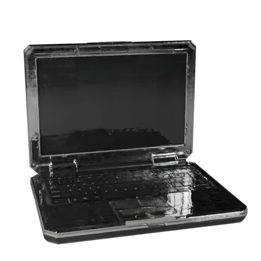 Modelo 3D de baixa contagem de polígonos Rugged Laptop, visualização de jogo em três quartos, mostrando metal escovado, ângul