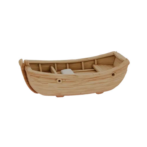 Modelo 3D de barco de madera estilo infantil, con fondo plano e imitación de tablones de madera