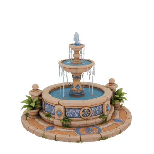 Modello 3D di una fontana da giardino a gradoni con fioriere decorative e acqua che scorre, reso con un'estetica stilizzata.