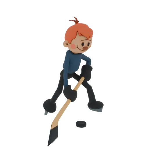 A 3D render of a claymation-style hockey player with red hair, blue shirt, and black pants, holding a hockey stick near a puc