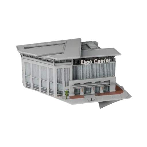 Modèle 3D low poly de Centre d'Exposition, vue extérieure prête pour le jeu, montrant les matériaux du bâtiment public et les